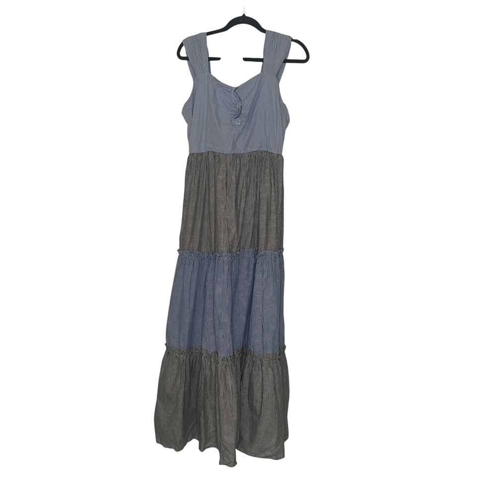 Chicways Colorblock Tiered Maxi Dress Sleeveless Denim Look Size L